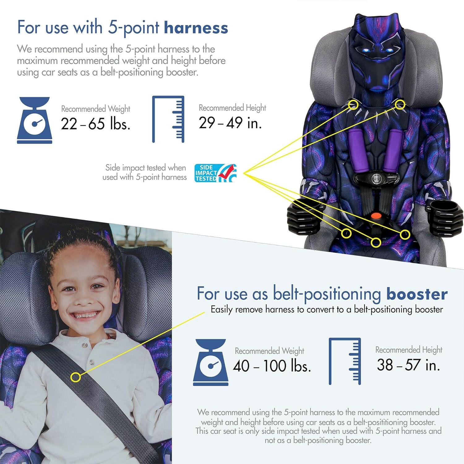 Kids Marvel Black Panther Adjustable Combination Booster Car Seat