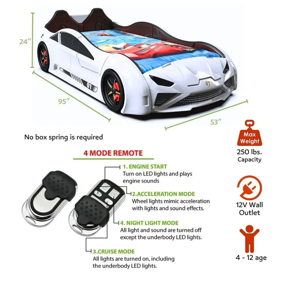 Lambo Style Kids Car Bed Lifting Doors Headlights Remote Control Toddler Twin Size Frame