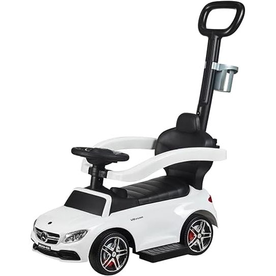 Mercedes AMG C63 3-in-1 Kids Push Car with Removable Stroller Bar & Cup Holder - White