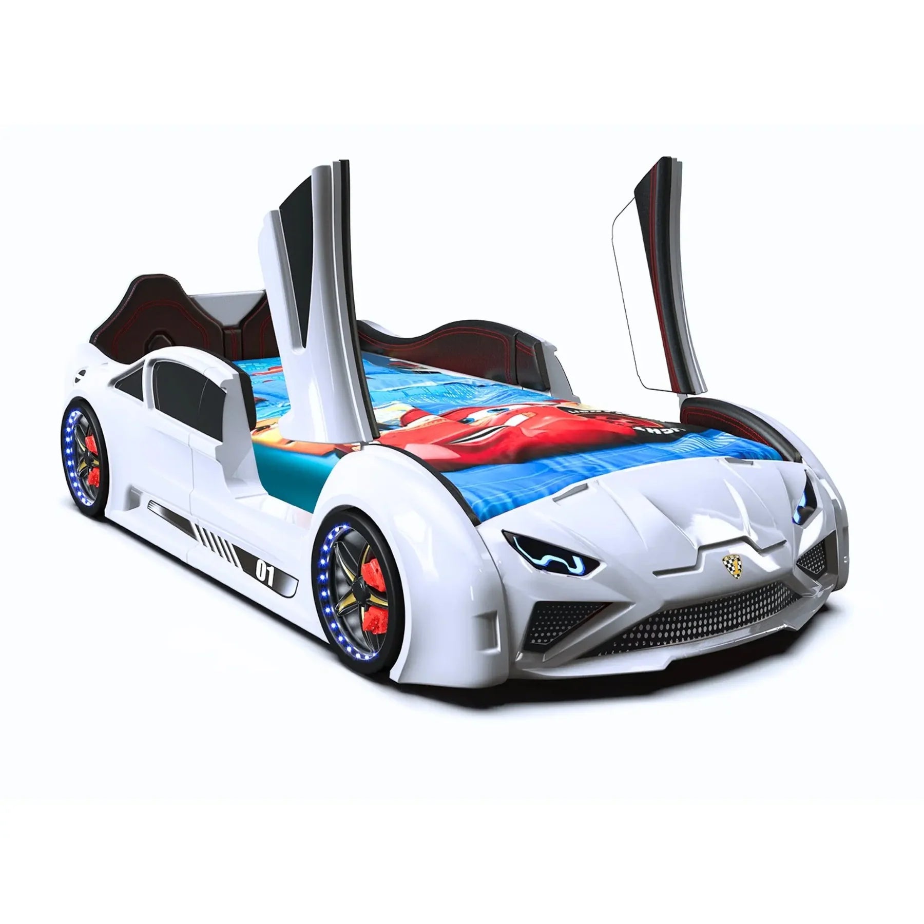 Lambo Style Kids Car Bed Lifting Doors Headlights Remote Control Toddler Twin Size Frame