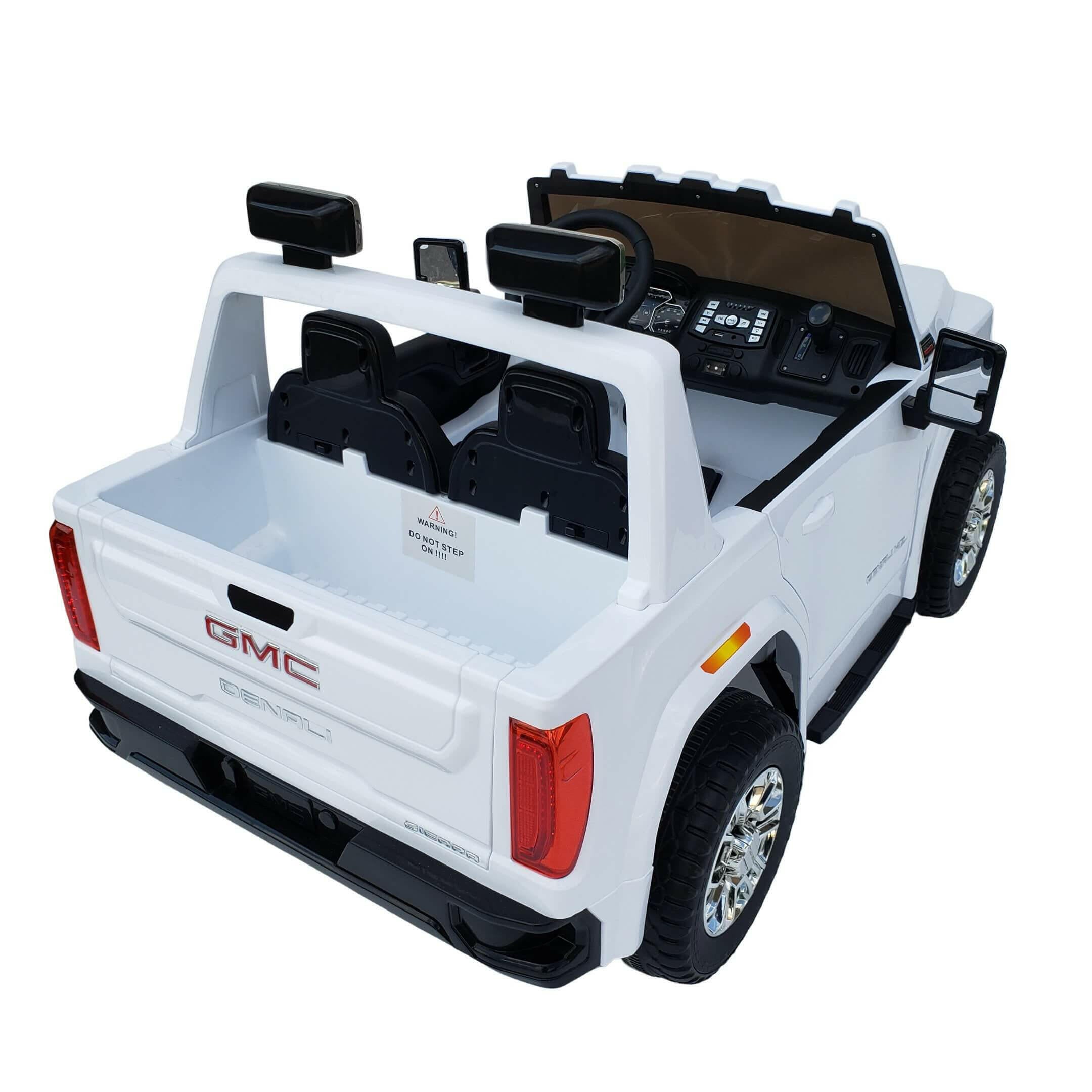 12V Licensed GMC Ride-On Truck 2-Seater with Parental Remote, MP3, Leather Seats - Kids Eye Candy