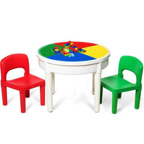 3-in-1 Kids Activity Table and 2 Chairs Set Includes 300 Bricks - Kids Eye Candy