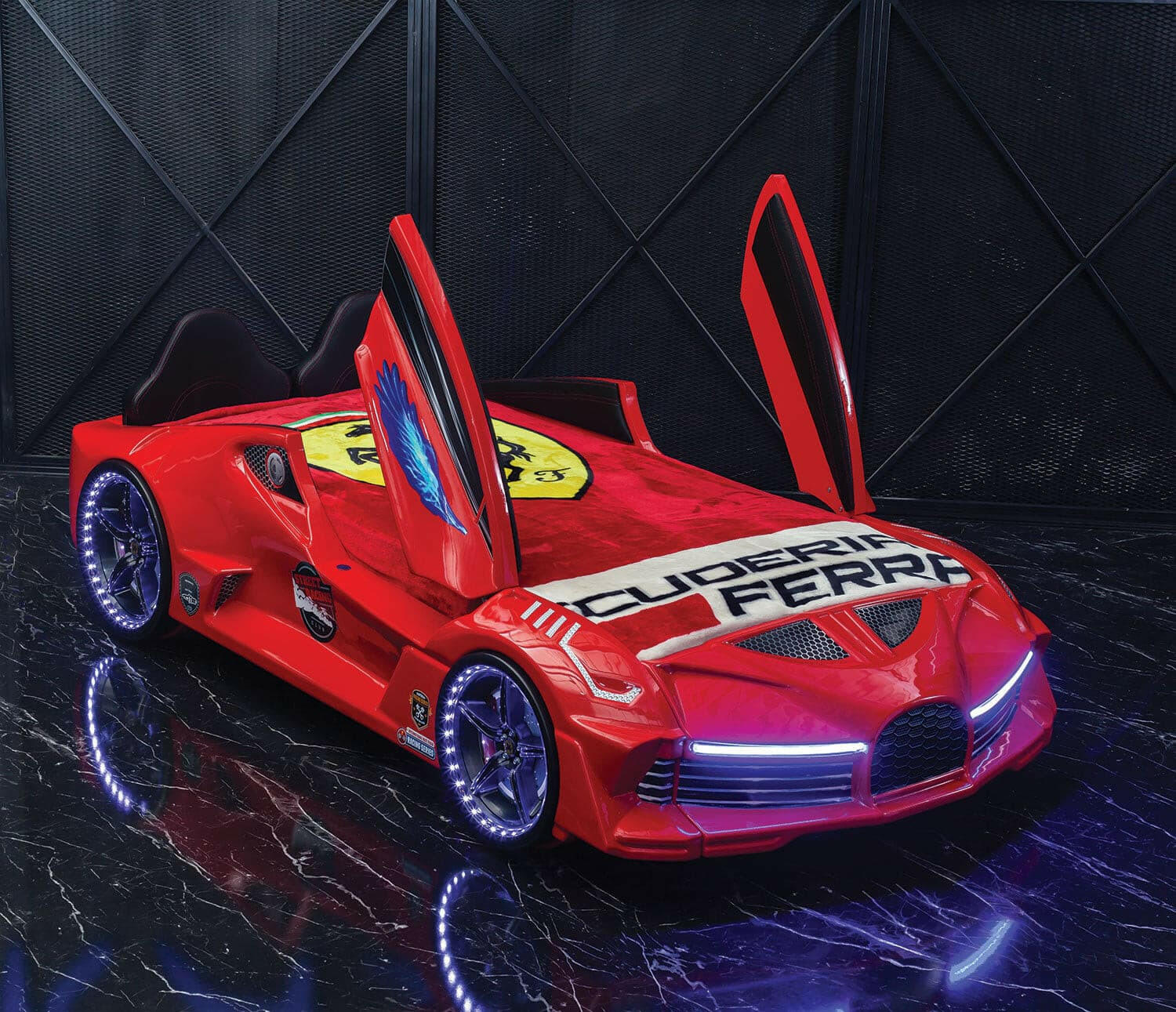 Lambo Kids Twin Size Car Bed Butterfly Doors Remote, LED Lights