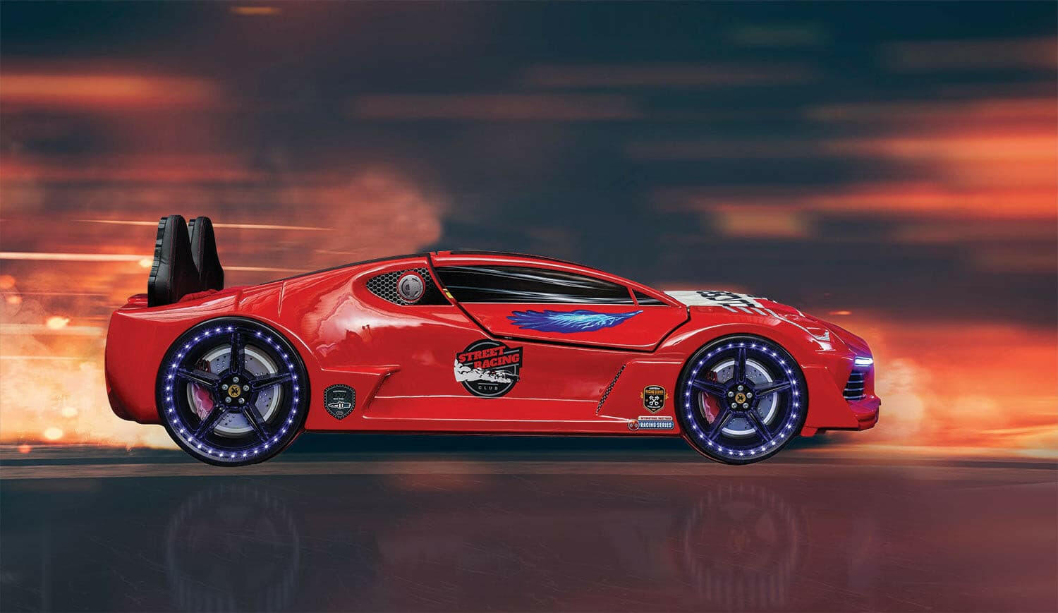 Aero Super Car Kids Bed Lifting Doors Headlights Remote Control Toddler Twin Size Frame - Kids Eye Candy