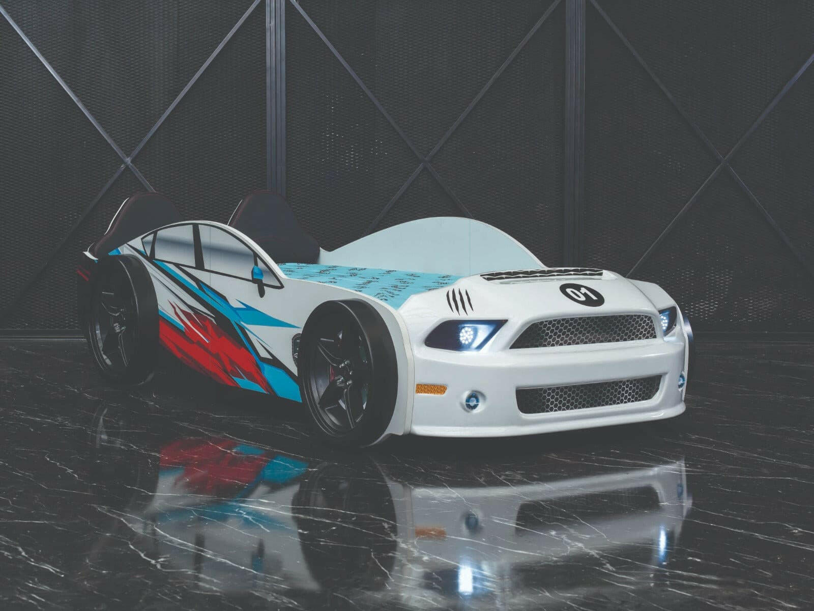 Mustang Race Car Kids Bed LED Headlights Remote Control Toddler Twin Size - Kids Eye Candy