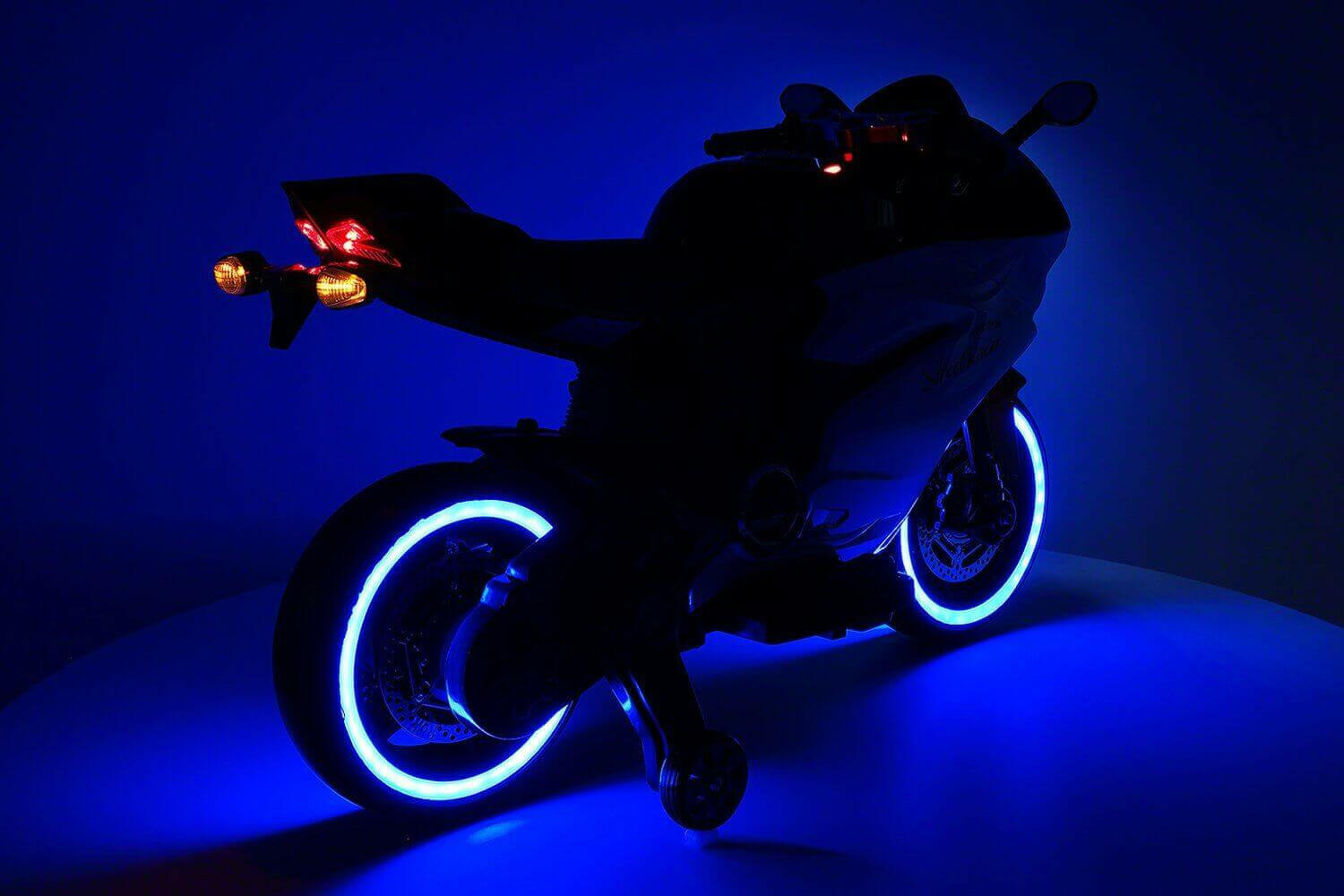 Motorcycle 12V Kids Ride-On LED Lights, MP3, AUX, Training Wheels - Kids Eye Candy