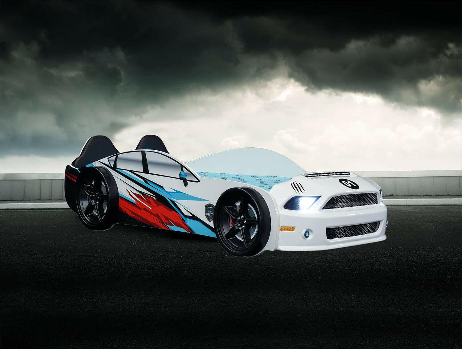 Mustang Race Car Kids Bed LED Headlights Remote Control Toddler Twin Size - Kids Eye Candy 