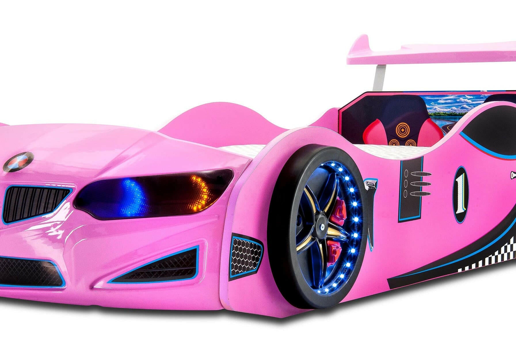 GT1 Kids Race Car Bed w/ LED Headlights Remote Control Toddler Twin Size Frame - Kids Eye Candy