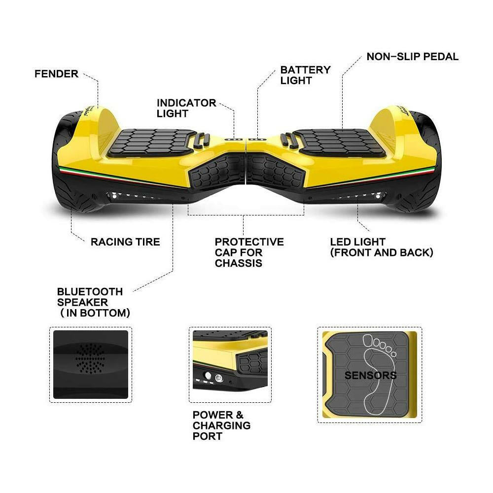 Lamborghini Style 6.5" Electric Hoverboard with LED Lights Bluetooth MP3 Player - Kids Eye Candy