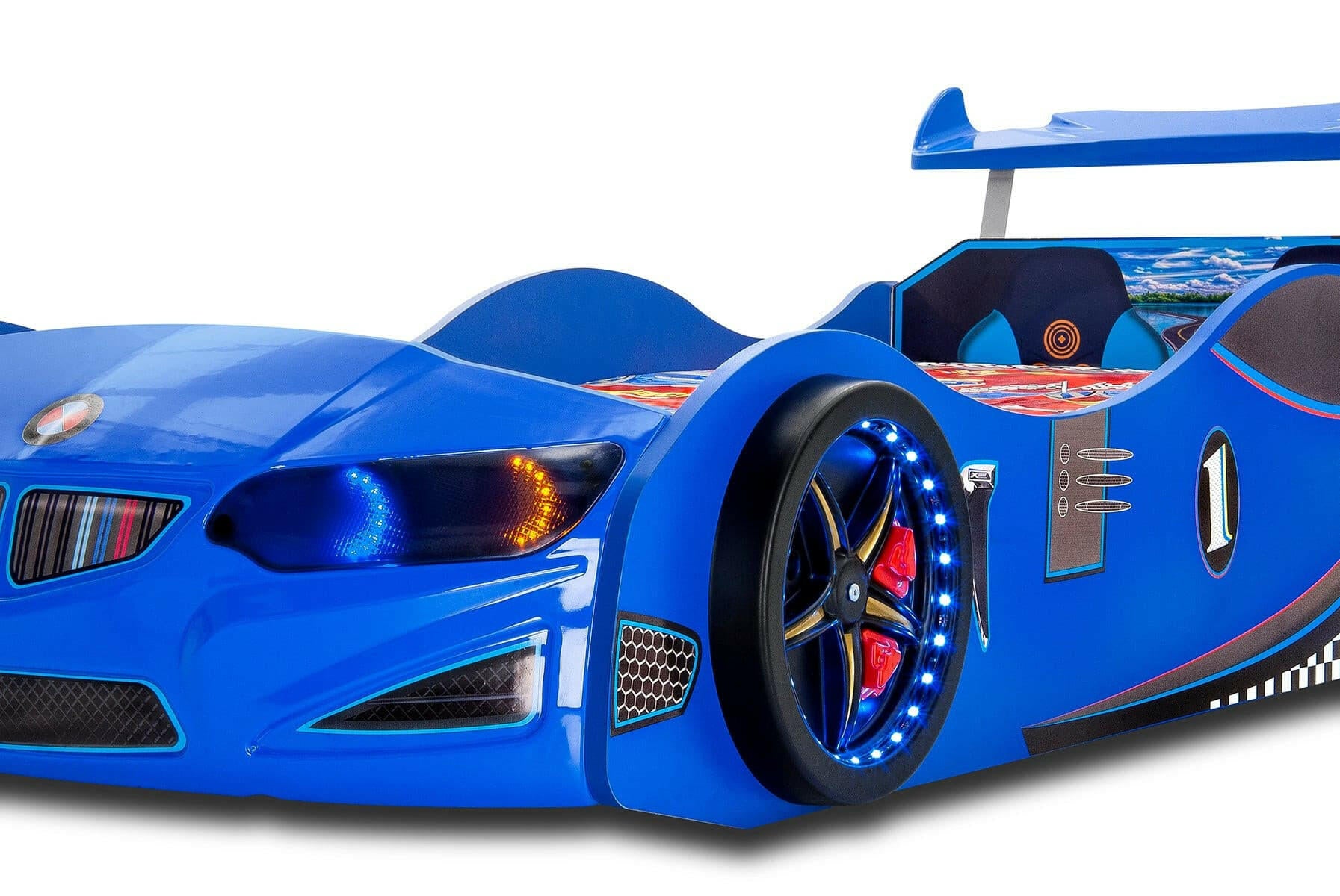GT1 Kids Race Car Bed w/ LED Headlights Remote Control Toddler Twin Size Frame - Kids Eye Candy