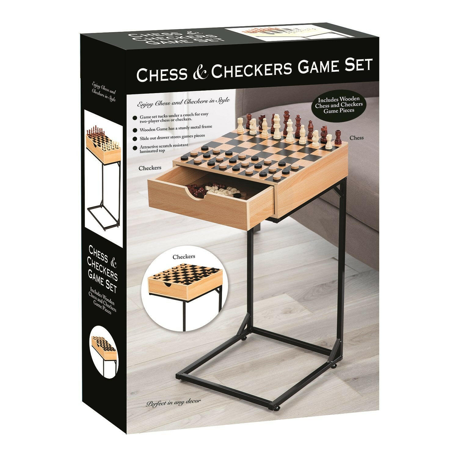 Wooden Chess & Checkers Game Set with Metal Stand.