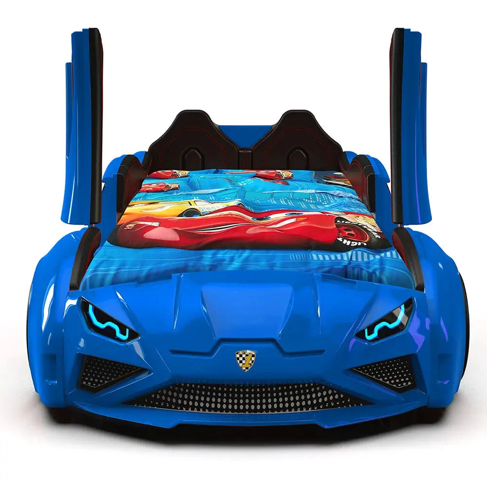 Aero Super Kids Car Bed Puertas elevables Faros Control remoto Marco de tamaño doble para niños pequeños