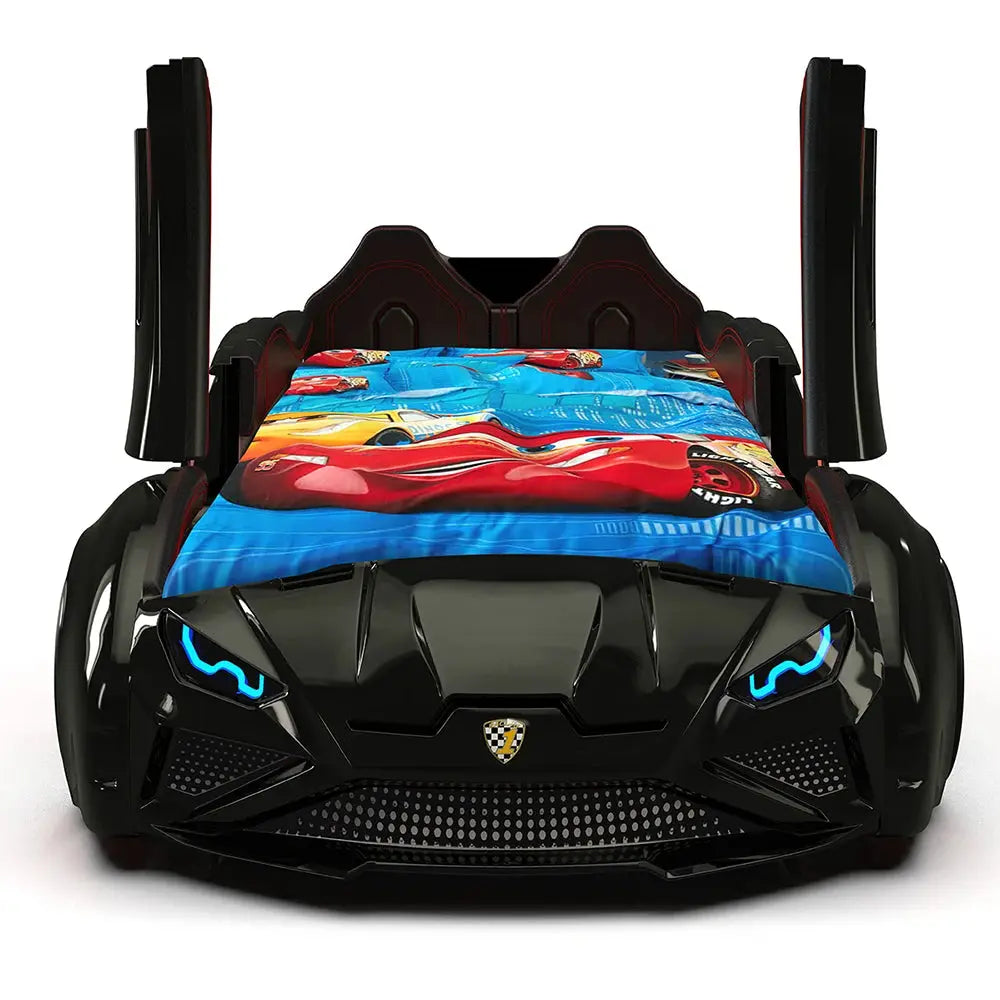 Aero Super Kids Car Bed Puertas elevables Faros Control remoto Marco de tamaño doble para niños pequeños