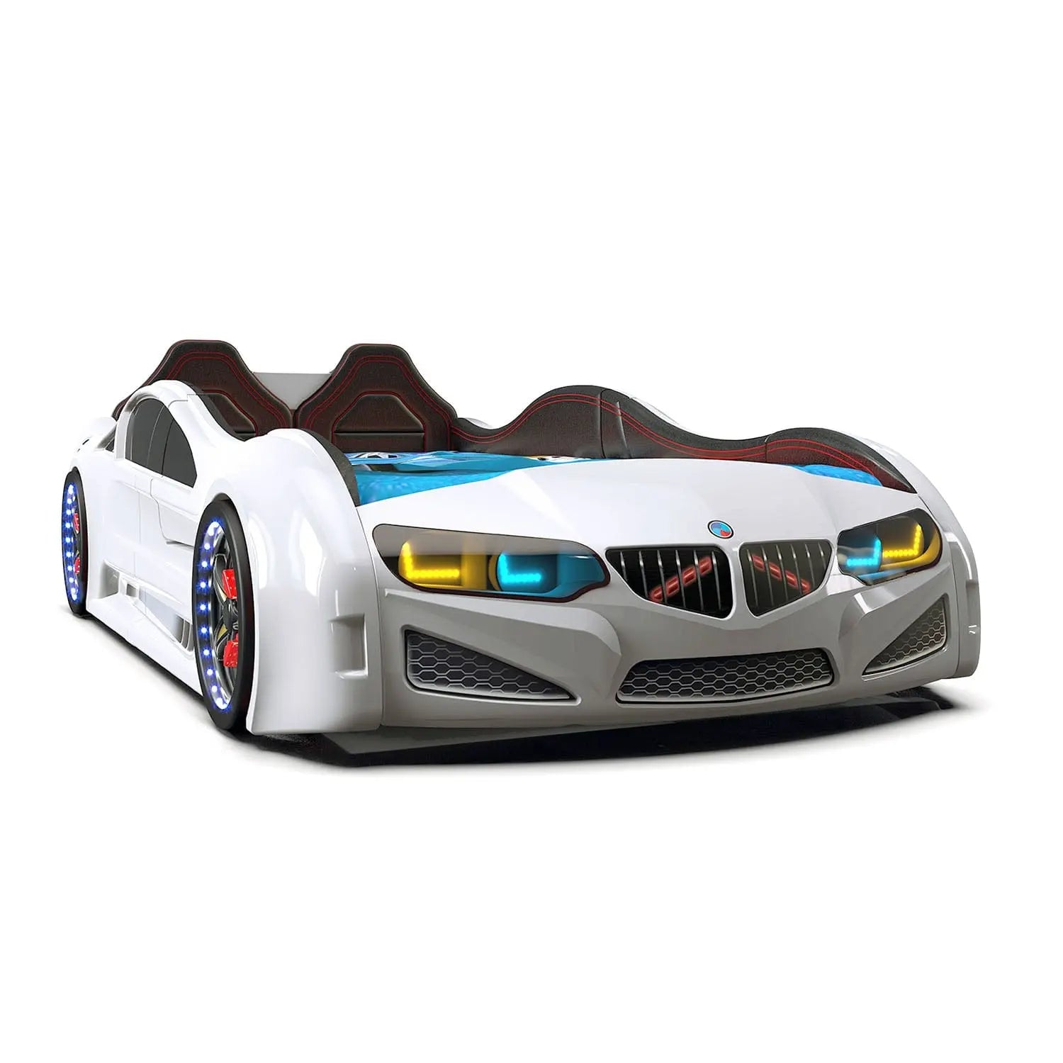 Beamer MZ Race Car Bed Faros delanteros con control remoto para niños pequeños tamaño doble