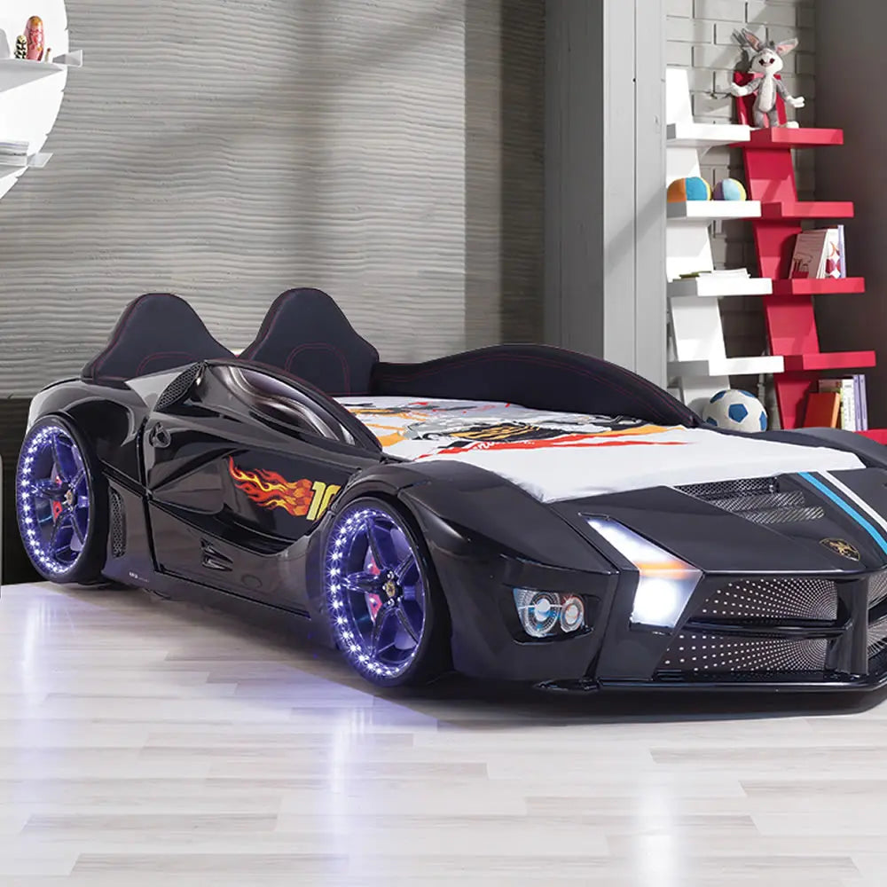 Luxury Moon Kids Race Car Bed LED Lights Toddler Remote Control Twin Size