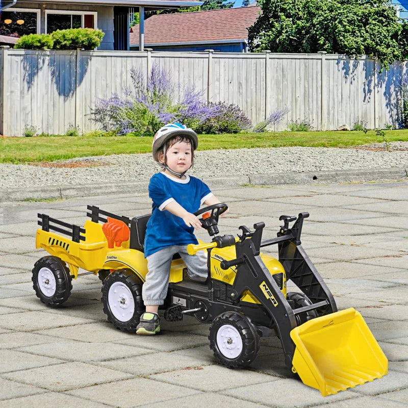 Bulldozer Excavator Ride-On Pedal Kids Truck, Detachable Trailer