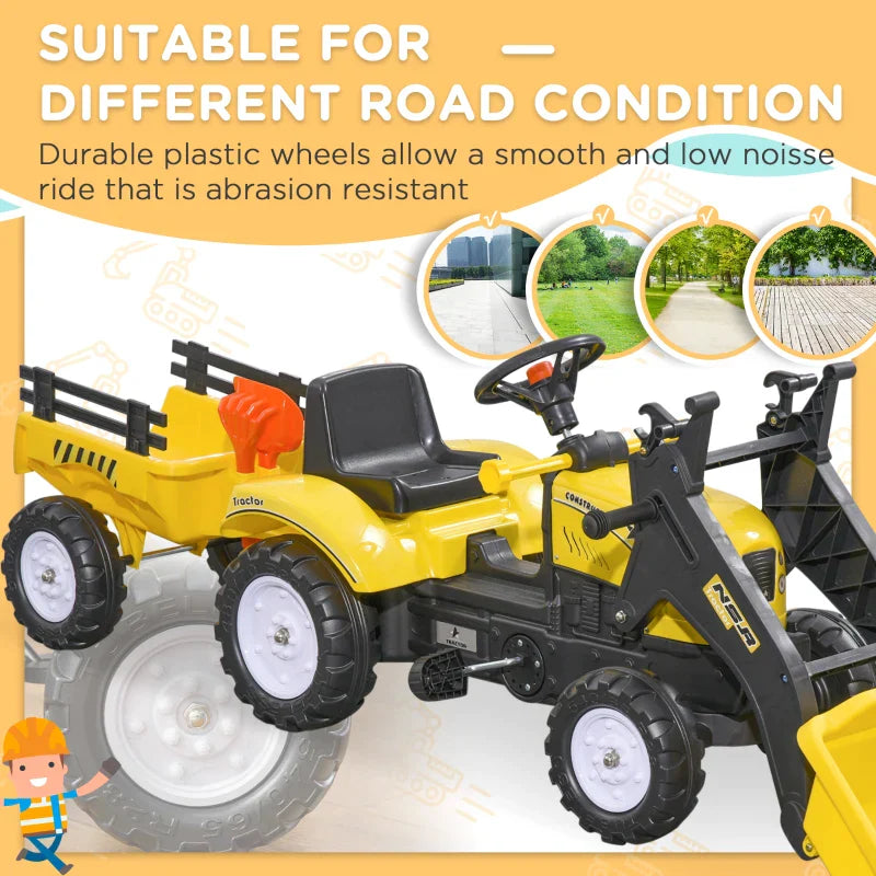 Bulldozer Kids Six Wheels Ride On, Pedal Kids Truck, Detachable Trailer, Shovel