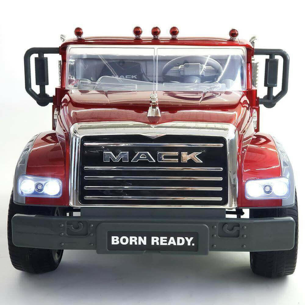 12V Licensed Mack Ride-On Truck Two-Seater with Parental Remote, LED Lights, MP3, Leather Seats - Kids Eye Candy