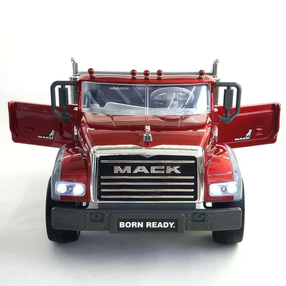 12V Licensed Mack Ride-On Truck Two-Seater with Parental Remote, LED Lights, MP3, Leather Seats - Kids Eye Candy