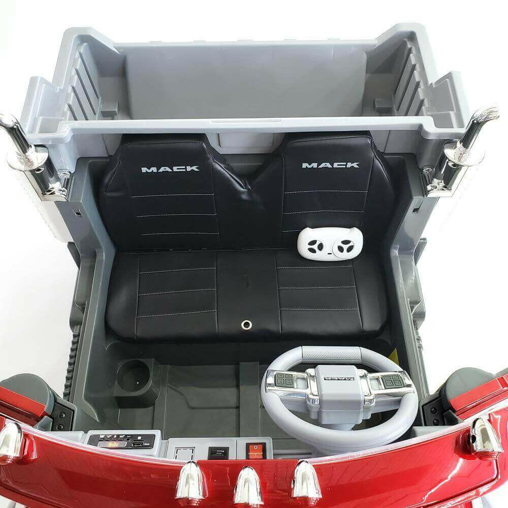 12V Licensed Mack Ride-On Truck Two-Seater with Parental Remote, LED Lights, MP3, Leather Seats - Kids Eye Candy