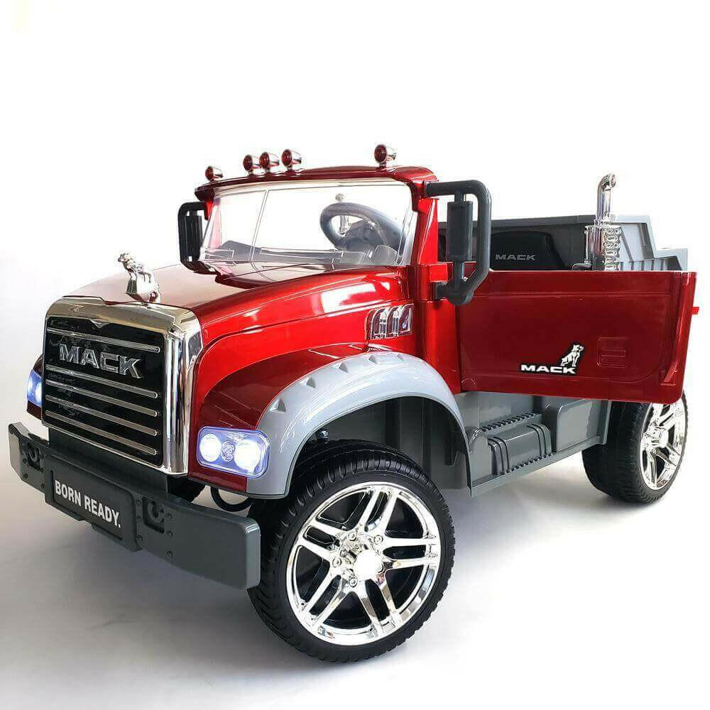 12V Licensed Mack Ride-On Truck Two-Seater with Parental Remote, LED Lights, MP3, Leather Seats - Kids Eye Candy