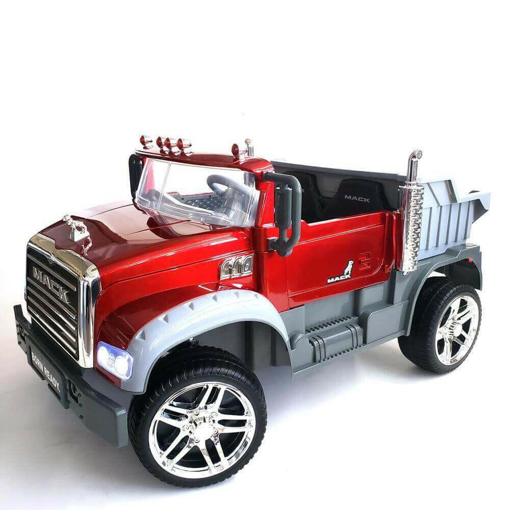 12V Licensed Mack Ride-On Truck Two-Seater with Parental Remote, LED Lights, MP3, Leather Seats - Kids Eye Candy