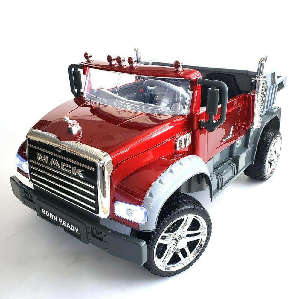 12V Licensed Mack Ride-On Truck Two-Seater with Parental Remote, LED Lights, MP3, Leather Seats - Kids Eye Candy
