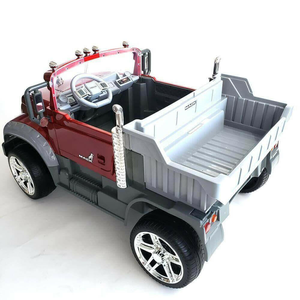 12V Licensed Mack Ride-On Truck Two-Seater with Parental Remote, LED Lights, MP3, Leather Seats - Kids Eye Candy