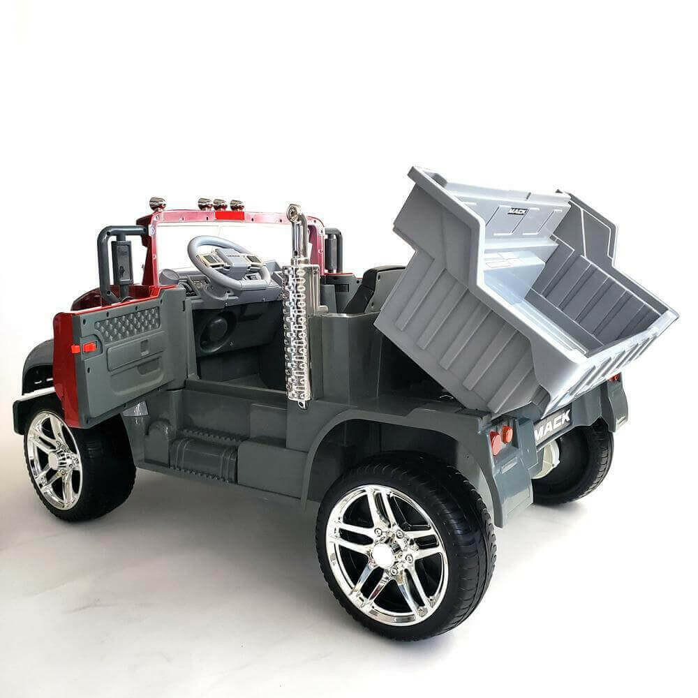 12V Licensed Mack Ride-On Truck Two-Seater with Parental Remote, LED Lights, MP3, Leather Seats - Kids Eye Candy