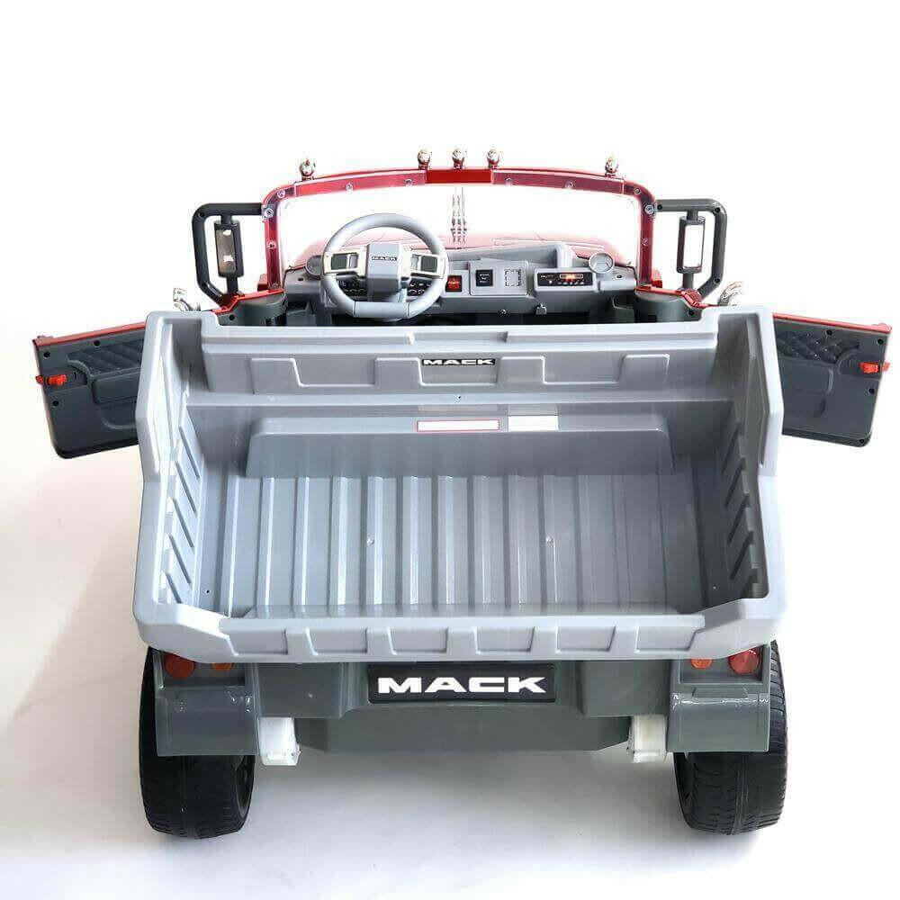 12V Licensed Mack Ride-On Truck Two-Seater with Parental Remote, LED Lights, MP3, Leather Seats - Kids Eye Candy