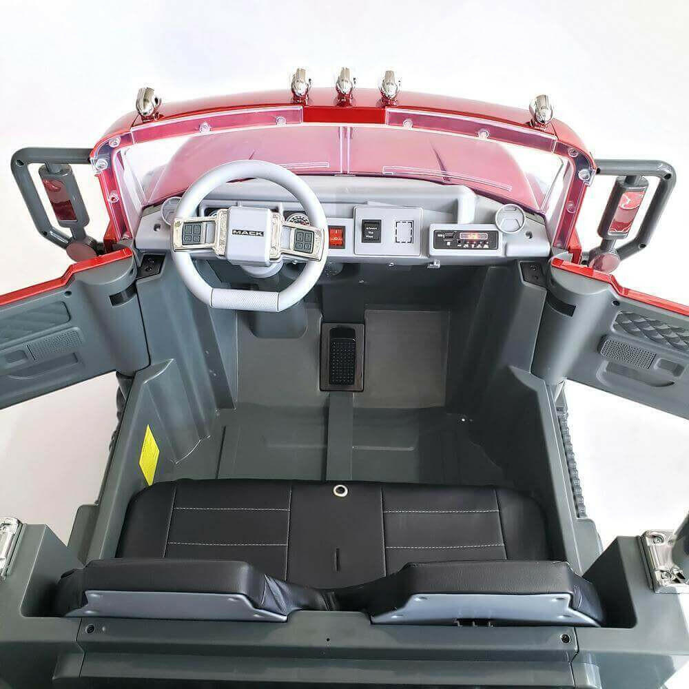 12V Licensed Mack Ride-On Truck Two-Seater with Parental Remote, LED Lights, MP3, Leather Seats - Kids Eye Candy