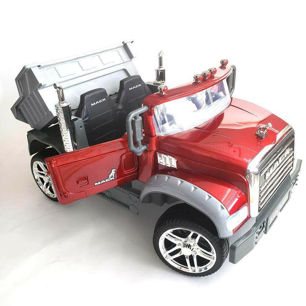 12V Licensed Mack Ride-On Truck Two-Seater with Parental Remote, LED Lights, MP3, Leather Seats - Kids Eye Candy
