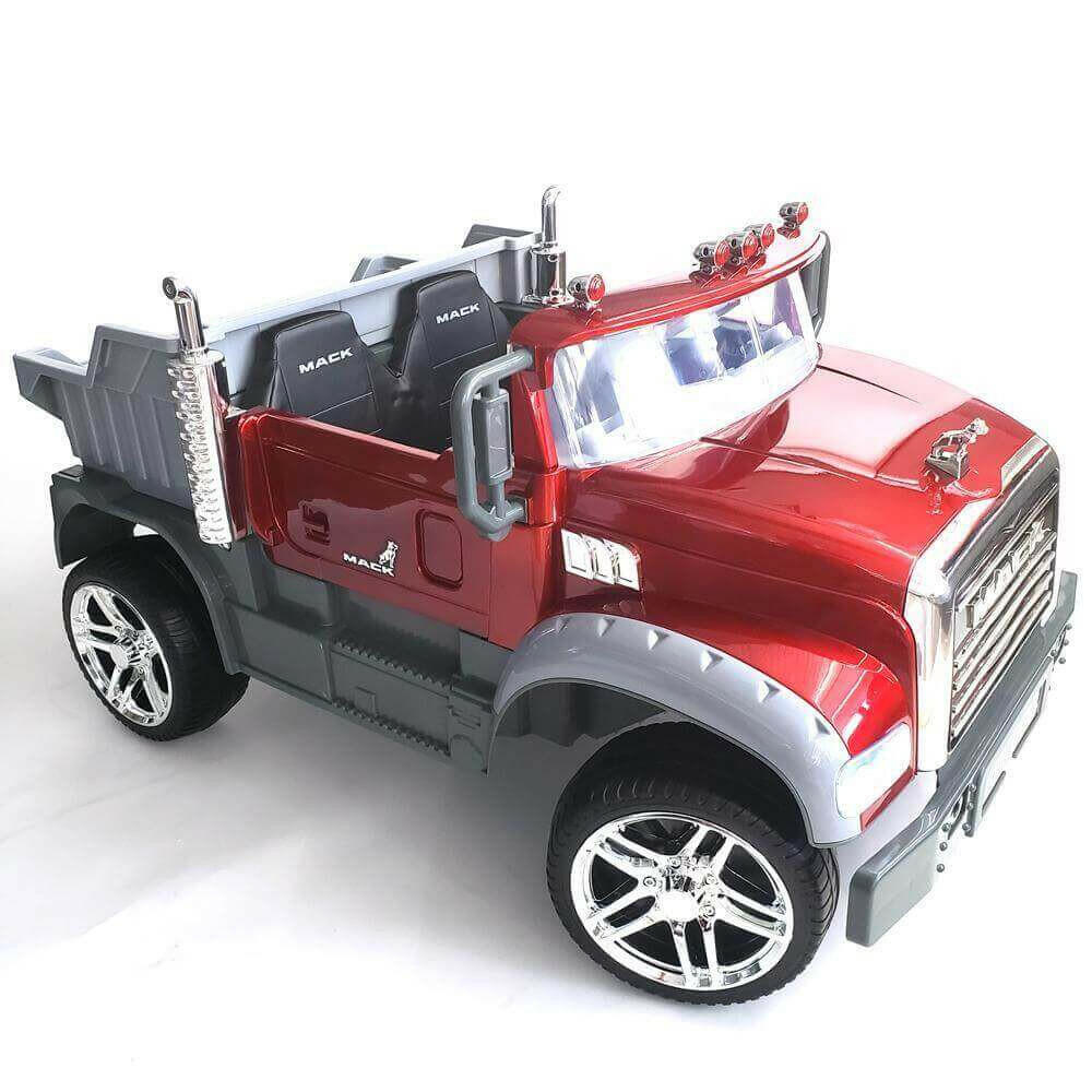 12V Licensed Mack Ride-On Truck Two-Seater with Parental Remote, LED Lights, MP3, Leather Seats - Kids Eye Candy