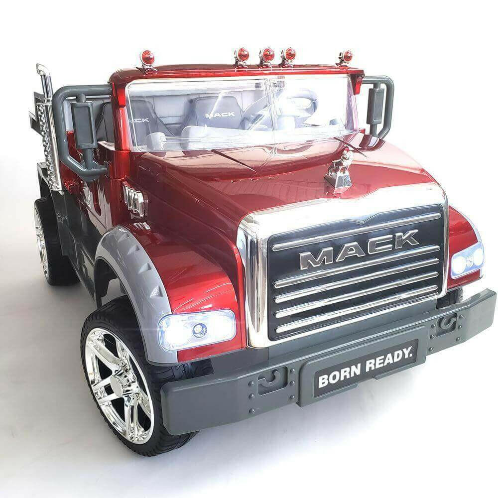 12V Licensed Mack Ride-On Truck Two-Seater with Parental Remote, LED Lights, MP3, Leather Seats - Kids Eye Candy