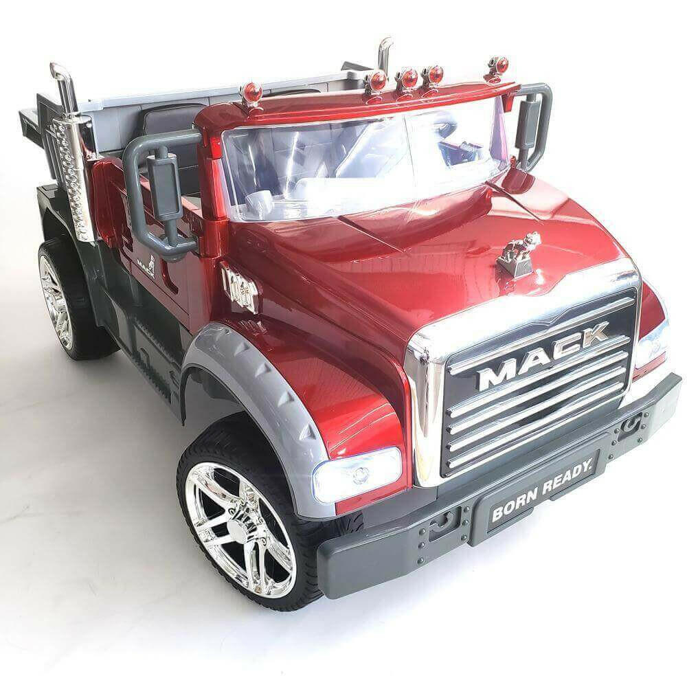 12V Licensed Mack Ride-On Truck Two-Seater with Parental Remote, LED Lights, MP3, Leather Seats - Kids Eye Candy