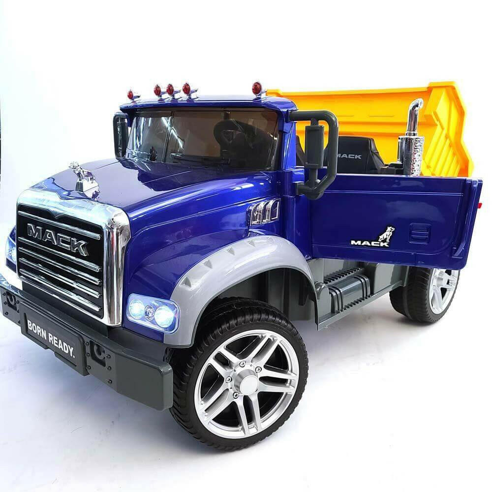 12V Licensed Mack Ride-On Truck Two-Seater with Parental Remote, LED Lights, MP3, Leather Seats - Kids Eye Candy