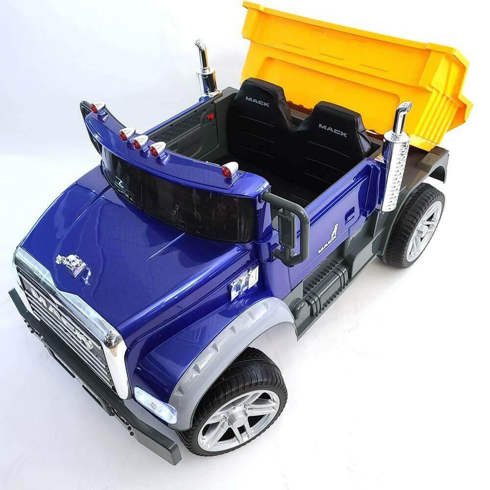 12V Licensed Mack Ride-On Truck Two-Seater with Parental Remote, LED Lights, MP3, Leather Seats - Kids Eye Candy