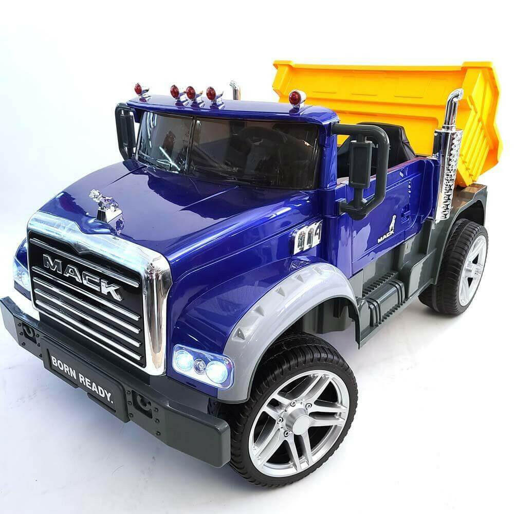 12V Licensed Mack Ride-On Truck Two-Seater with Parental Remote, LED Lights, MP3, Leather Seats - Kids Eye Candy