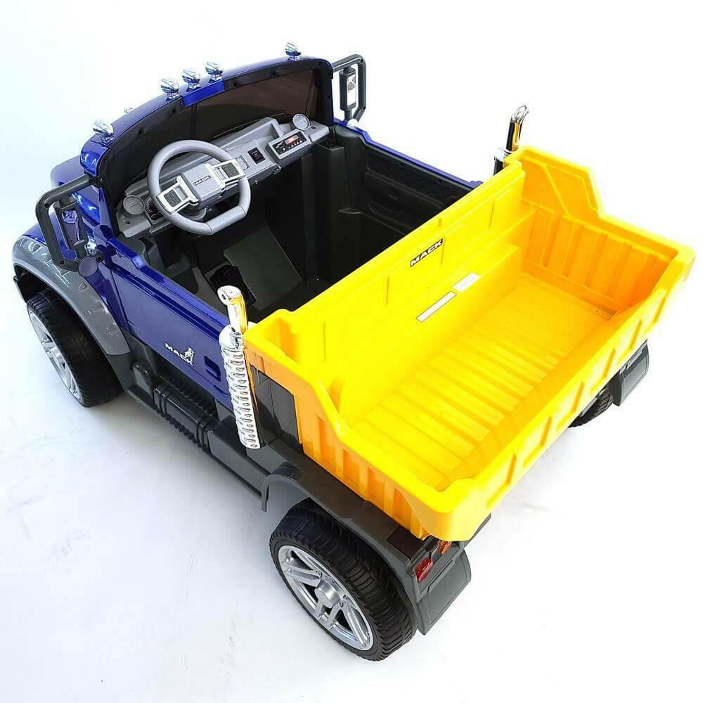 12V Licensed Mack Ride-On Truck Two-Seater with Parental Remote, LED Lights, MP3, Leather Seats - Kids Eye Candy