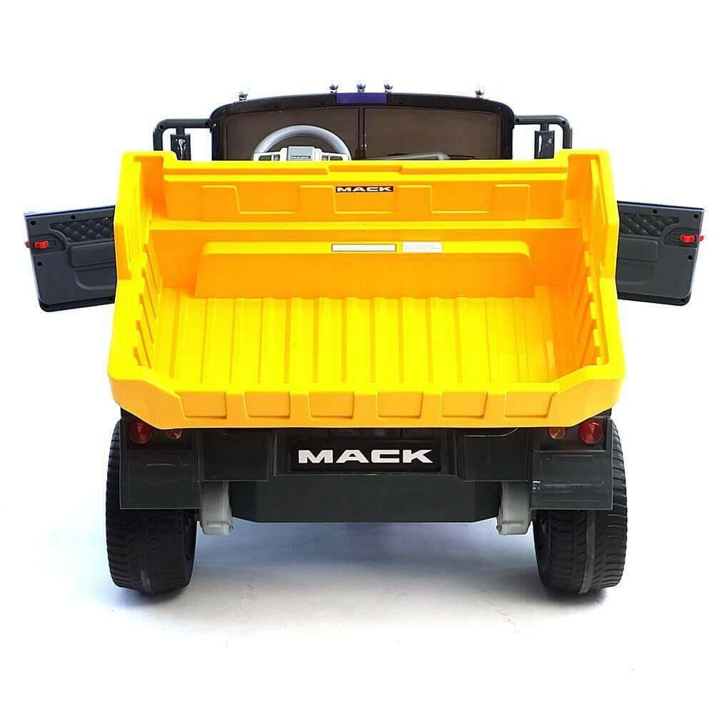 12V Licensed Mack Ride-On Truck Two-Seater with Parental Remote, LED Lights, MP3, Leather Seats - Kids Eye Candy
