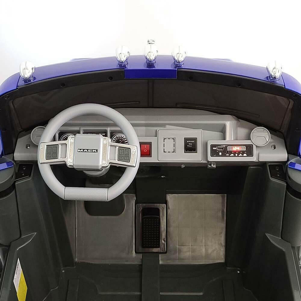 12V Licensed Mack Ride-On Truck Two-Seater with Parental Remote, LED Lights, MP3, Leather Seats - Kids Eye Candy