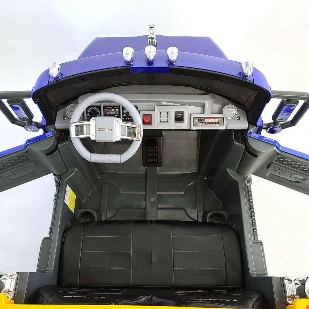 12V Licensed Mack Ride-On Truck Two-Seater with Parental Remote, LED Lights, MP3, Leather Seats - Kids Eye Candy