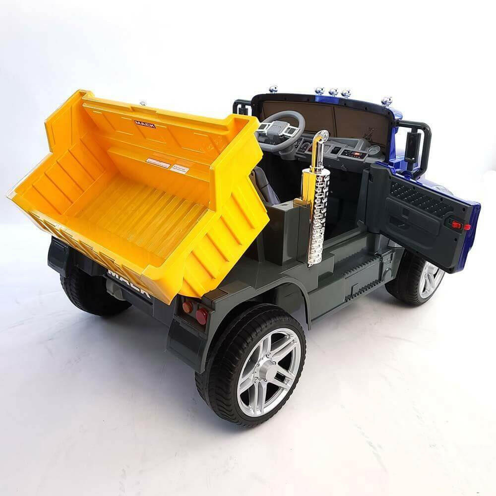 12V Licensed Mack Ride-On Truck Two-Seater with Parental Remote, LED Lights, MP3, Leather Seats - Kids Eye Candy