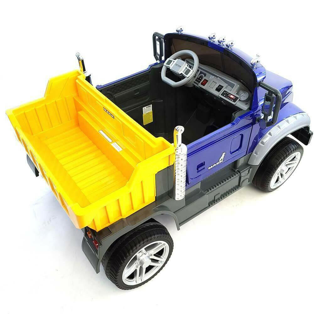 12V Licensed Mack Ride-On Truck Two-Seater with Parental Remote, LED Lights, MP3, Leather Seats - Kids Eye Candy