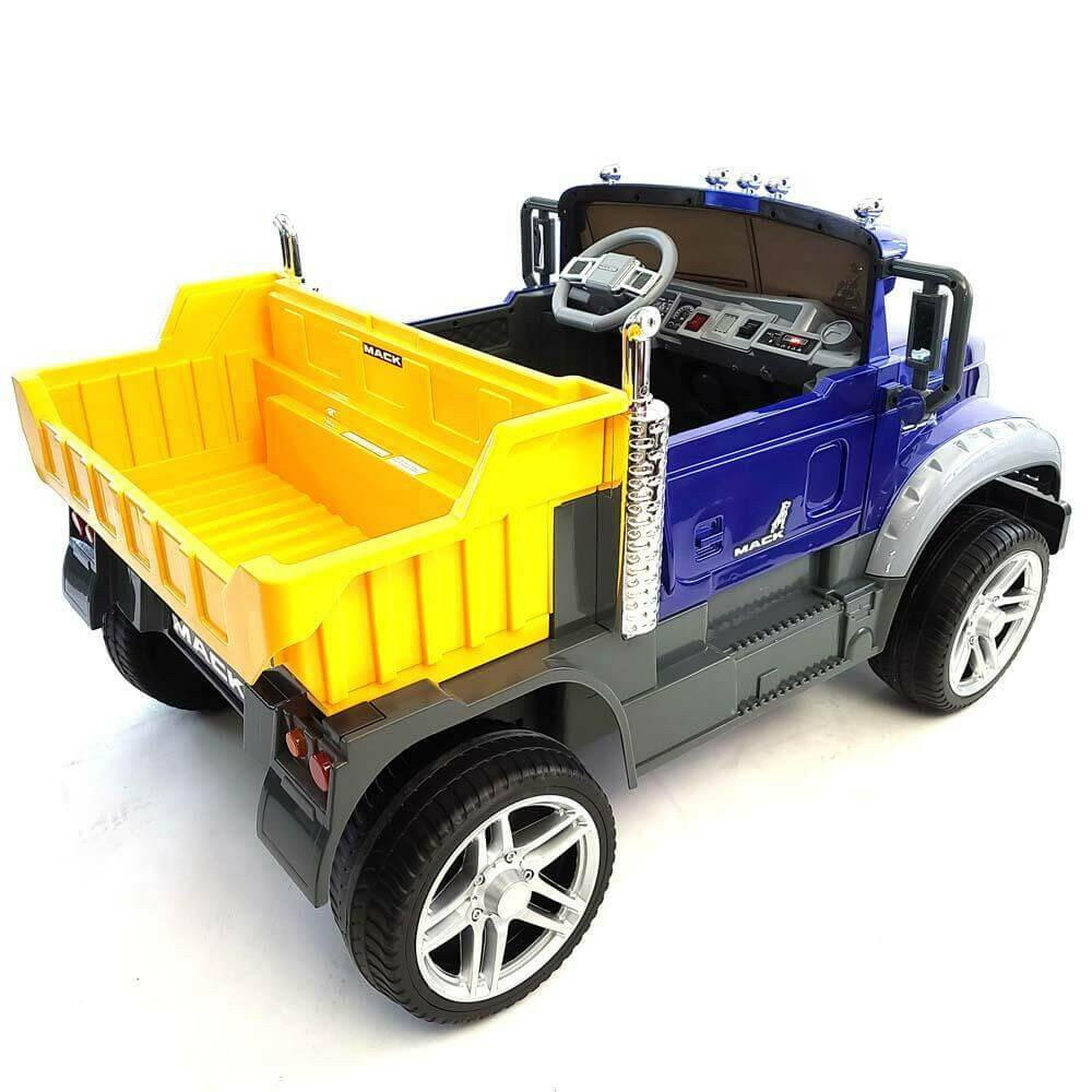 12V Licensed Mack Ride-On Truck Two-Seater with Parental Remote, LED Lights, MP3, Leather Seats - Kids Eye Candy