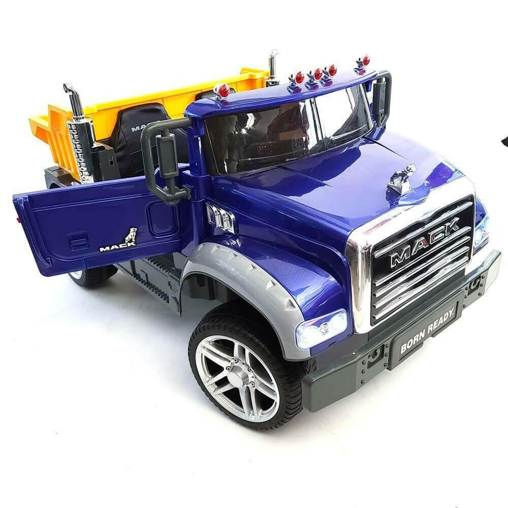 12V Licensed Mack Ride-On Truck Two-Seater with Parental Remote, LED Lights, MP3, Leather Seats - Kids Eye Candy