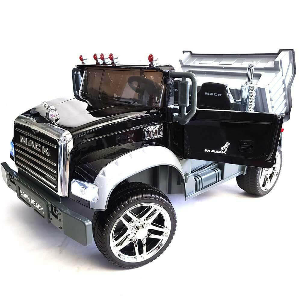 12V Licensed Mack Ride-On Truck Two-Seater with Parental Remote, LED Lights, MP3, Leather Seats - Kids Eye Candy