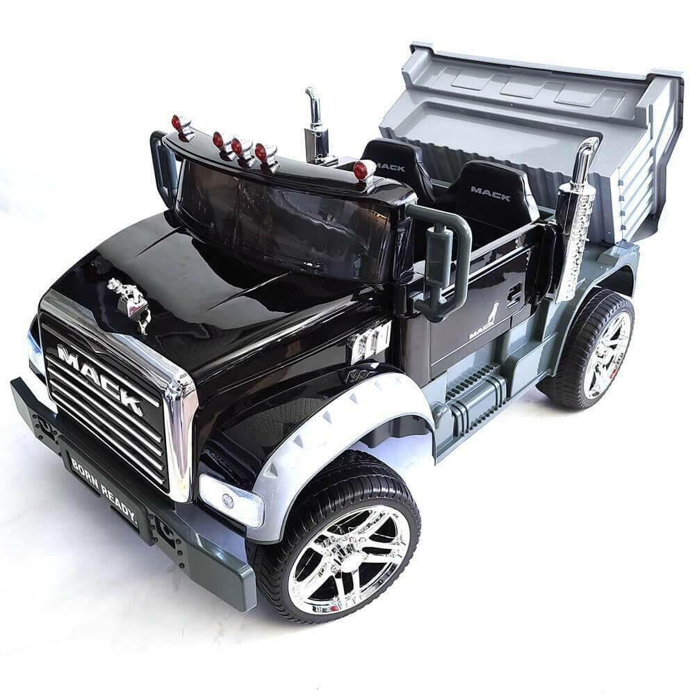 12V Licensed Mack Ride-On Truck Two-Seater with Parental Remote, LED Lights, MP3, Leather Seats - Kids Eye Candy
