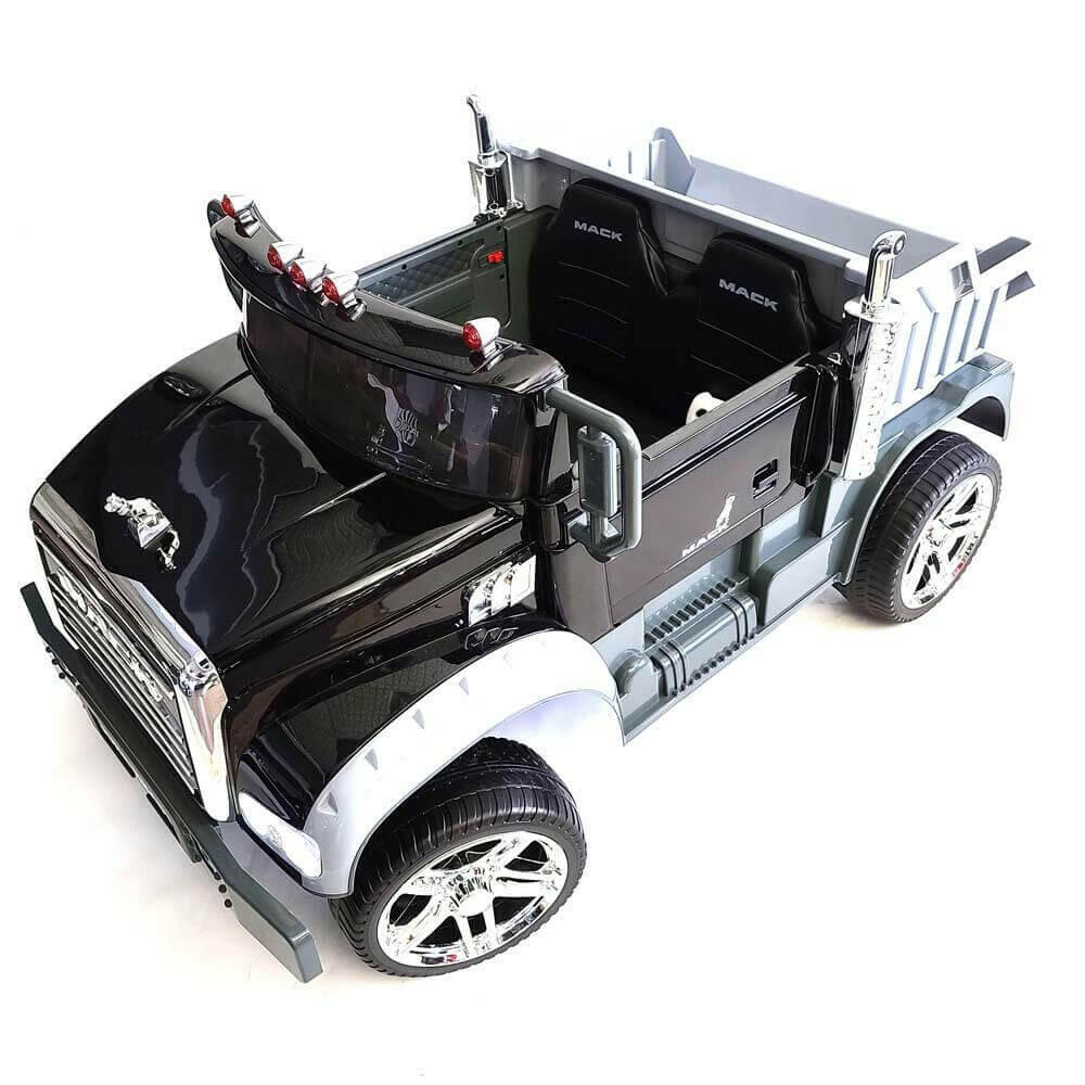 12V Licensed Mack Ride-On Truck Two-Seater with Parental Remote, LED Lights, MP3, Leather Seats - Kids Eye Candy