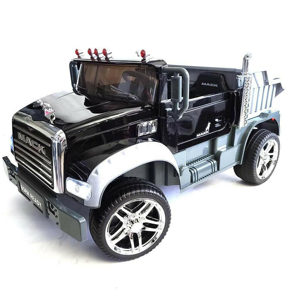 12V Licensed Mack Ride-On Truck Two-Seater with Parental Remote, LED Lights, MP3, Leather Seats - Kids Eye Candy